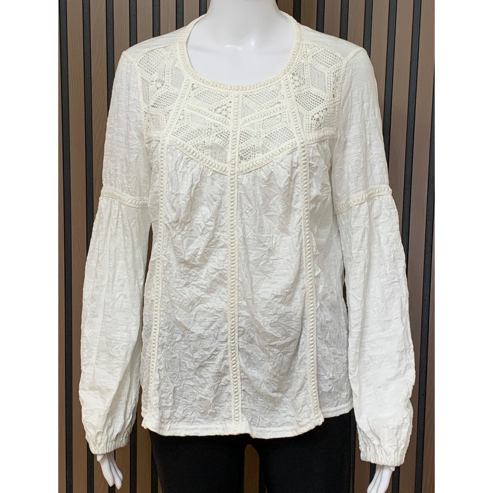 Sundance White Crinkle Crochet Lace Long Sleeve Blouse S Cottage Boho Top